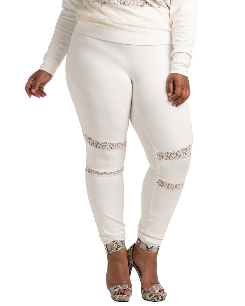 Front of a model wearing a size L Peekaboo Lace Ponte Legging in Ivory by Poetic Justice. | dia_product_style_image_id:275566